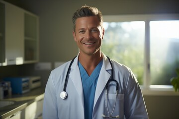 A doctor in a white coat is standing in a medical room and smiling.
