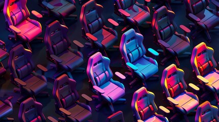 Rows of comfortable gaming chairs with bright neon lights reflecting off their surfaces. - Powered by Adobe