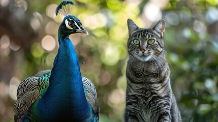 A beautiful merak peacock and a cute cat are sitting side by side, staring at each other with curiosity.