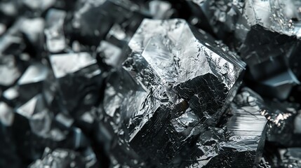 Dark crystals with sharp edges and reflective surfaces.