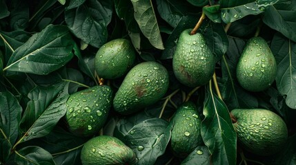 Close-up of dew-kissed avocados for health enthusiasts. Perfectly ripe avocados in a natural setting, ready for a healthy meal. Avocados with fresh water droplets, essential for a wholesome diet. - obrazy, fototapety, plakaty