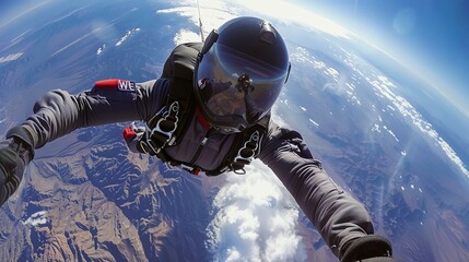 Skydiver is flying through the air above the mountains. He is wearing a black helmet and a gray jumpsuit. The sky is blue, and the sun is shining. - obrazy, fototapety, plakaty