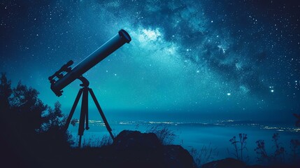 The image is a beautiful landscape of a starry night sky. A telescope is set up in the foreground, pointed up at the stars. - obrazy, fototapety, plakaty