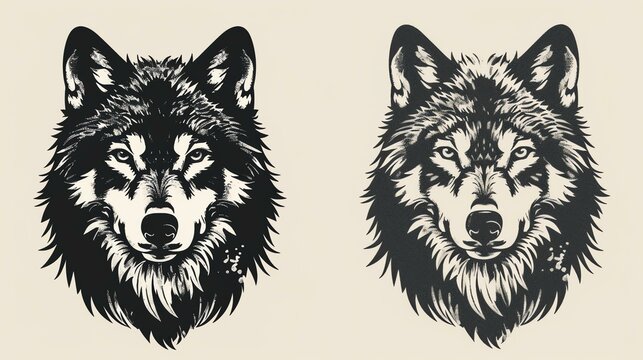 A pair of wolf head designs with a textured, hand-drawn appearance.
