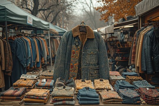 Illustrate a bustling flea market with a variety of vendors selling vintage clothing and accessories