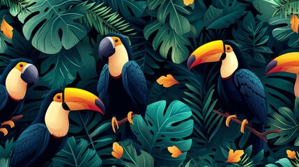 This is a seamless pattern of tropical leaves with toucans. The toucans are sitting on branches and surrounded by lush green leaves.