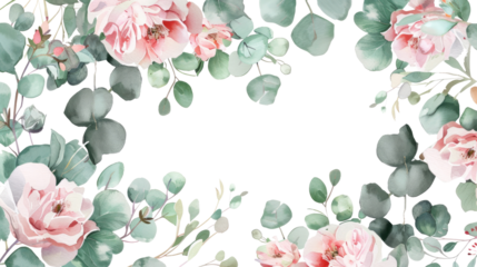 Eucalyptus and rose flowers design round invitation frame isolated on transparent