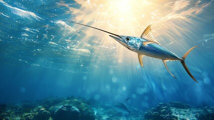 A blue marlin fish is swimming in the deep blue ocean. The sun is shining down on the marlin, making its scales glisten. - obrazy, fototapety, plakaty