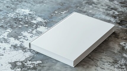 Blank white book on a marble table. The book is closed and has a white spine. The table is grey and has a smooth surface.