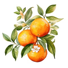 Oranges with lush green leaves and delicate white flowers watercolor botanical illustration for greeting cards, textile or wallpaper, vibrant pattern Generative AI