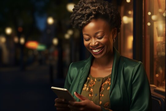 A woman with a smile on her face gazes at her cellphone screen.