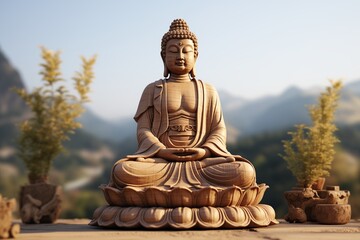 Buddha statue sitting in meditation in lotus position on beautiful background with blurred focus.
