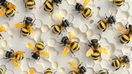 3D rendering of a honeycomb with bees on it. The honeycomb is white and the bees are yellow and...