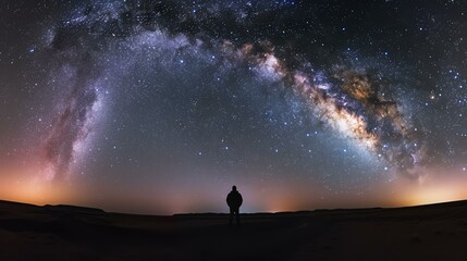 Under a magnificent night sky filled with stars, a lone figure stands in the desert, marveling at the celestial wonders above. - obrazy, fototapety, plakaty