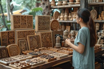 Illustrate a person browsing for handmade crafts at a local artisan market - obrazy, fototapety, plakaty