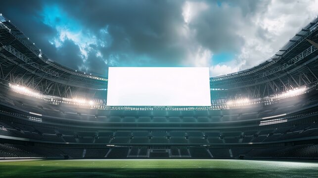 Floodlit empty stadium with large screen.