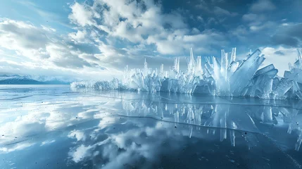 Poster Amazing view of the frozen lake baikal with  ice formations resembling a cityscape. © stocker