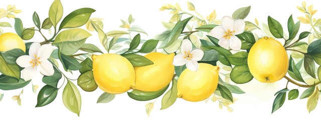 Watercolor border featuring ripe yellow lemons and delicate white blossoms intertwined with lush green leaves for greeting cards, textiles or wallpaper, illustration Generative AI