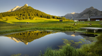 Teich auf der Walder Alm, Hundskopf, Huderbankspitze, Karwendel, Tirol, Österreich