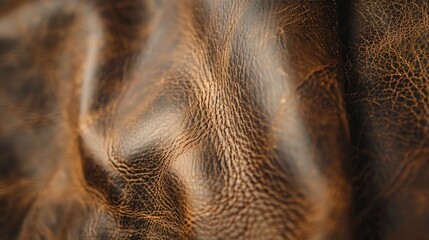 Genuine brown leather texture close up. The surface of the leather is smooth with a slight grain, and the color is a rich, dark brown. - obrazy, fototapety, plakaty