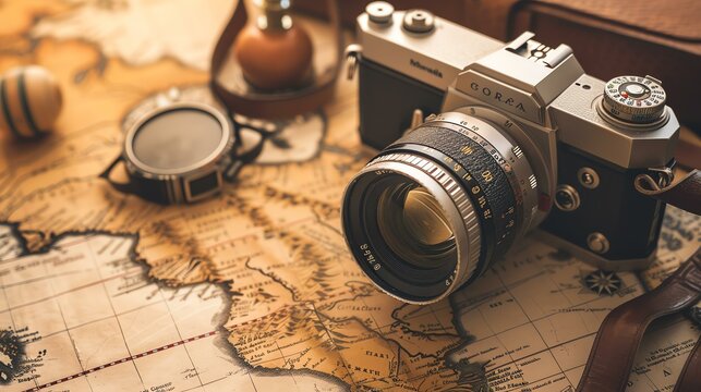 An adventurer's essential tools. A vintage camera and a compass lie on a detailed world map.