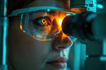 Illustrate an ophthalmologist performing laser vision correction surgery, improving visual acuity