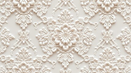 3D rendering of a seamless damask pattern. The pattern is made up of repeating floral motifs. The image is white and has a luxurious, elegant look.
