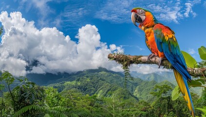 Colorful parrot perched on a tree branch in a lush green jungle landscape with mountains and clouds in the background Generative AI