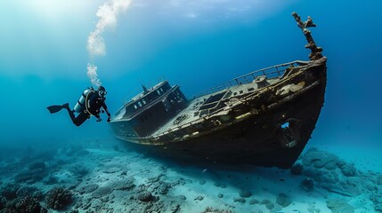 Underwater world. A scuba diver explores a shipwreck. The ship is encrusted with colorful coral and surrounded by schools of fish. - obrazy, fototapety, plakaty