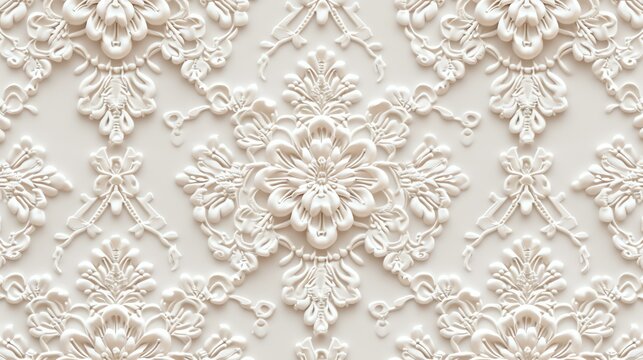 3D rendering of a seamless damask pattern. The pattern is made up of repeating floral motifs. The image is white and has a luxurious, elegant look.