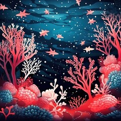 Fototapeta na wymiar Vibrant image of sea life with coral reef and tropical fish on dark blue background watercolor illustration of underwater world for cards, magazines and childrens books, poster Generative AI