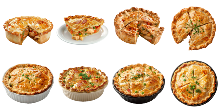 Chicken pot pie transparent set collection in 3d png no background.