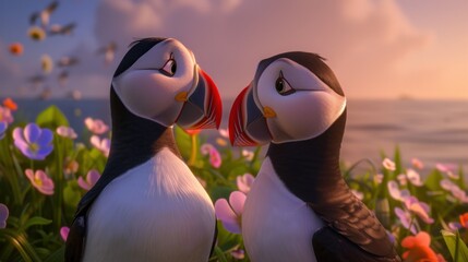 Fototapeta premium a couple of birds standing next to each other on top of a field of flowers in front of a body of water.