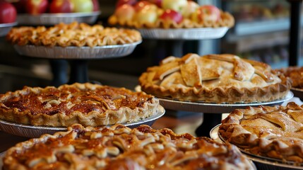 A variety of delicious pies are displayed on a table. The pies have different crusts and fillings, and are sure to please any taste. - obrazy, fototapety, plakaty