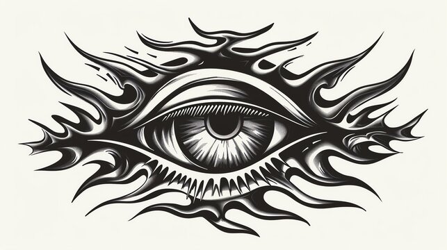 The image is a black and white drawing of an eye. The eye is surrounded by flames.