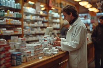 Produce a picture of a pharmacist conducting an over-the-counter (OTC) medication review for a customer