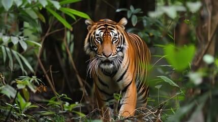 A tiger is walking through the jungle. It is a large and powerful animal with a thick coat of fur.