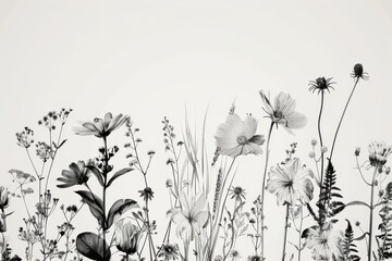 Naklejka premium Monochrome botanical floral pattern with various flowers. A seamless, elegant black and white floral pattern featuring assorted blooming flowers and foliage, perfect for a variety of design uses.