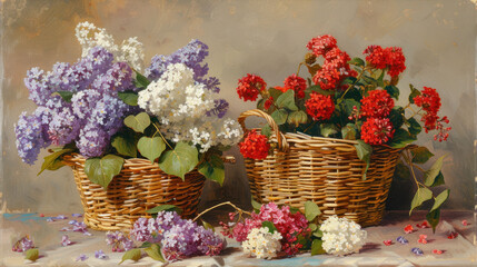 Obraz na płótnie Canvas a painting of a basket of flowers with a basket of flowers in front of it and a basket of flowers in front of it.