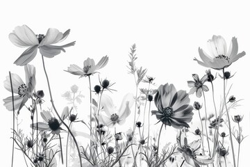 Monochrome botanical floral pattern with various flowers. A seamless, elegant black and white floral pattern featuring assorted blooming flowers and foliage, perfect for a variety of design uses.