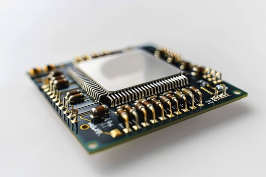 A close-up macro view of a computer chip, embodying modern information technology and artificial intelligence concepts.