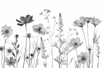 Monochrome botanical floral pattern with various flowers. A seamless, elegant black and white floral pattern featuring assorted blooming flowers and foliage, perfect for a variety of design uses.