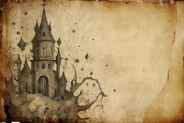 Fantasy castle illustration on old craft paper with grunge texture.