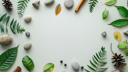leaves, stones, and wood, providing an empty canvas for an advertising card or invitation with the concept of nature, summer poster aesthetic, presented in a flat lay composition.