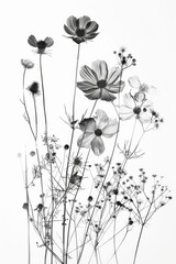 Monochrome botanical floral pattern with various flowers. A seamless, elegant black and white floral pattern featuring assorted blooming flowers and foliage, perfect for a variety of design uses.