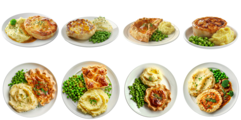 Isolated pie and mash potato collection in png transparent no background.