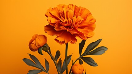 Orange Glow Close-up of Yellow Marigold on Vibrant Orange Background