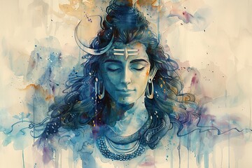 This enchanting watercolor illustration captures Lord Shiva's transcendental nature, featuring him in meditation with symbols like the trident and Ganga, radiating spiritual energy and wisdom - obrazy, fototapety, plakaty