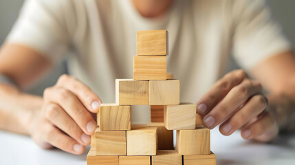 A person building a tower with wooden blocks, representing how to construct strategies in business