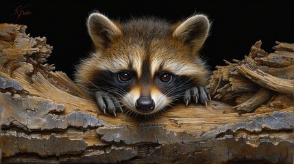 Naklejka premium a painting of a raccoon peeking out of a hole in a piece of wood with a black background.